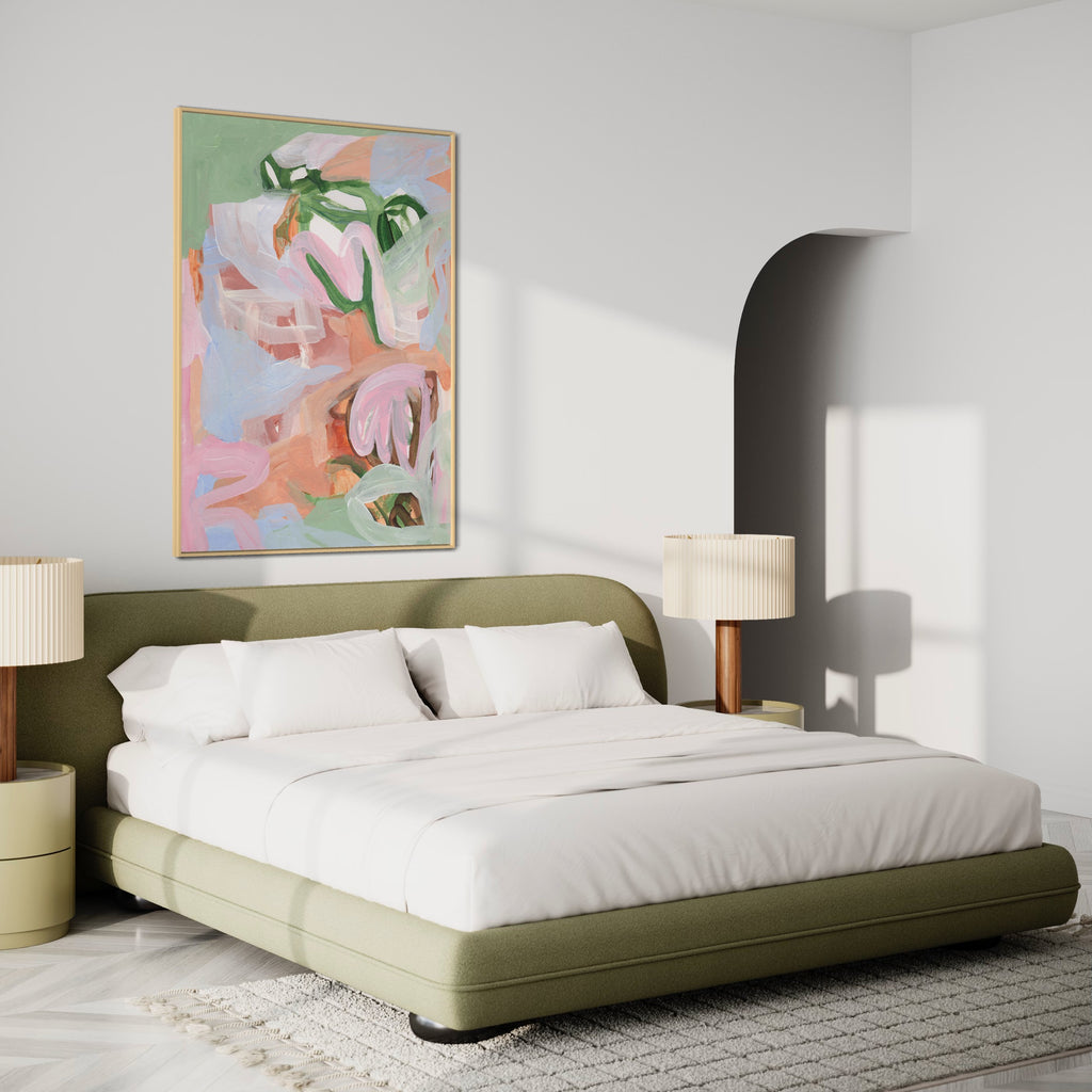 Discover the serene beauty of Henriette Visscher's dreamy abstract art, inspired by the soft tones and intuitive flow of nature. Each printed canvas adds a contemporary touch to your living room.