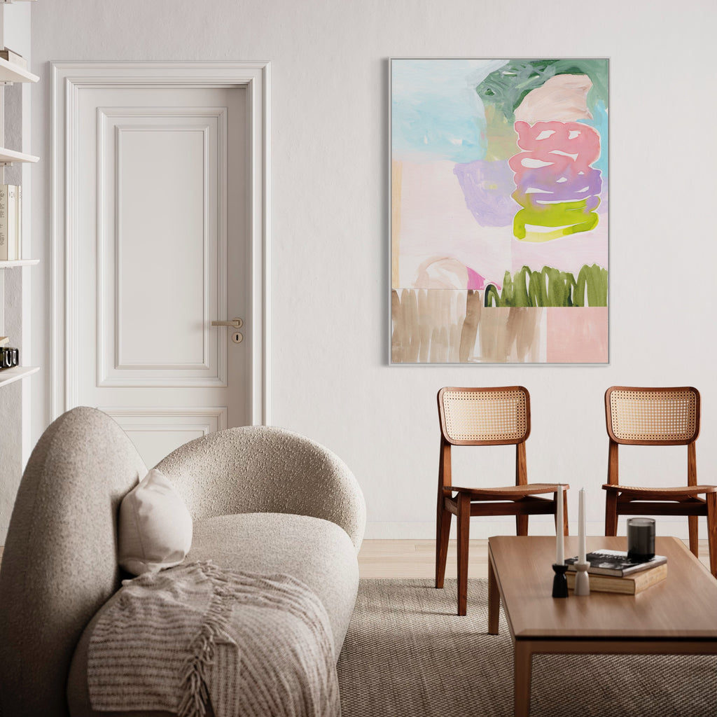 Discover the authentic journey of self-expression with Henriette Visscher's modern abstract art, offering a touch of Dutch charm and love for your living room.